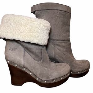 UGG leather and Sherpa wedge winter boots. 🩶🤍🩶